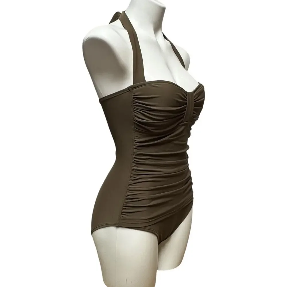 Tommy Bahama Relax Ruched Halter One Piece Swimsuit Beige Brown 8